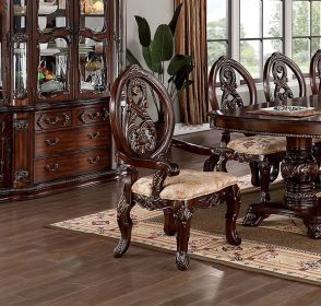 Traditional Brown Cherry 2pcs Arm Chairs Tan Fabric Seats w Welt Faux Wood Carved Details Solid wood Dining Room Furniture