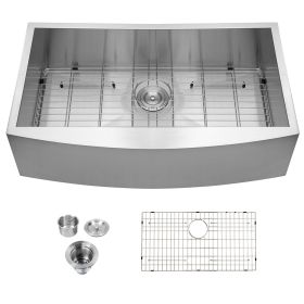 Farmhouse Apron Handmade Stainless Steel Kitchen Sink, Apron Front Single Bowl Bar Sink with Drain Kit (Color: Stainless Steel Brushed, size: 36"x20")