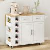 Multi-Functional Kitchen Island Cart with 2 Door Cabinet and Two Drawers,Spice Rack, Towel Holder, Wine Rack, and Foldable Rubberwood Table Top